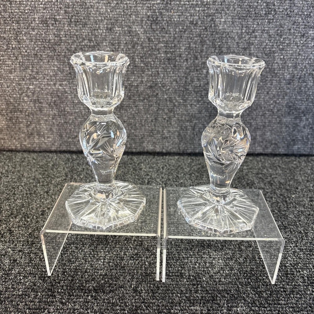 American Cut Crystal Eleanor 5 1/2" Candlesticks Pair Pinwheel & Fan Clear Cut